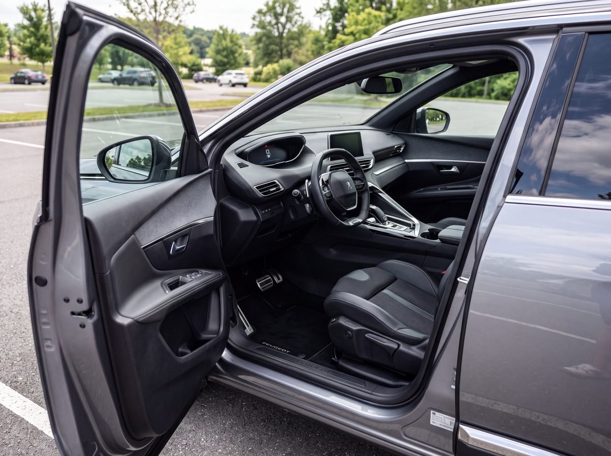 Intérieur nettoyé d'un Peugeot 5008, sièges et tableau de bord